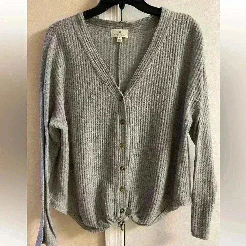 Socialite Grey Button Tie Front Thermal Ribbed Top Medium